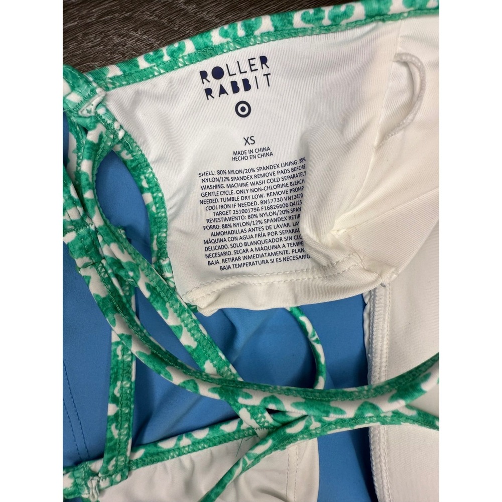 Roller Rabbit Blue Tankini Swimsuit Top XS Green Trim Lace Up Back bathing suit - Picture 2 of 10